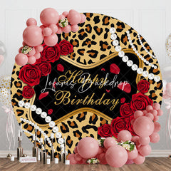 Lofaris Leopard Red Rose Pearl Round Happy Birthday Backdrop