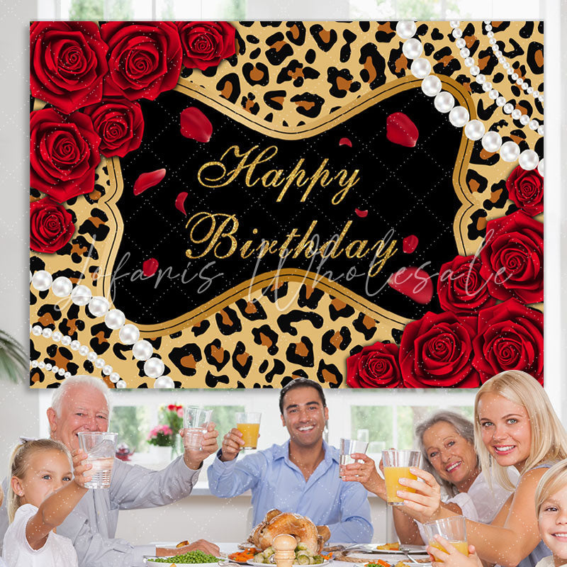 Lofaris Leopard Rose Glitter Themed Happy Birthday Backdrop