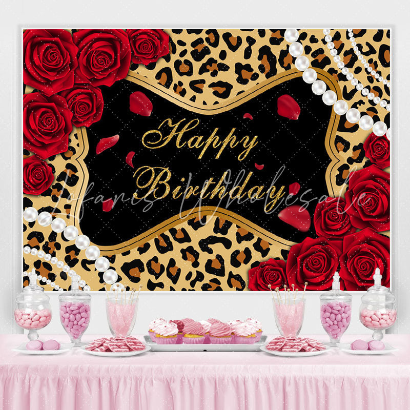 Lofaris Leopard Rose Glitter Themed Happy Birthday Backdrop