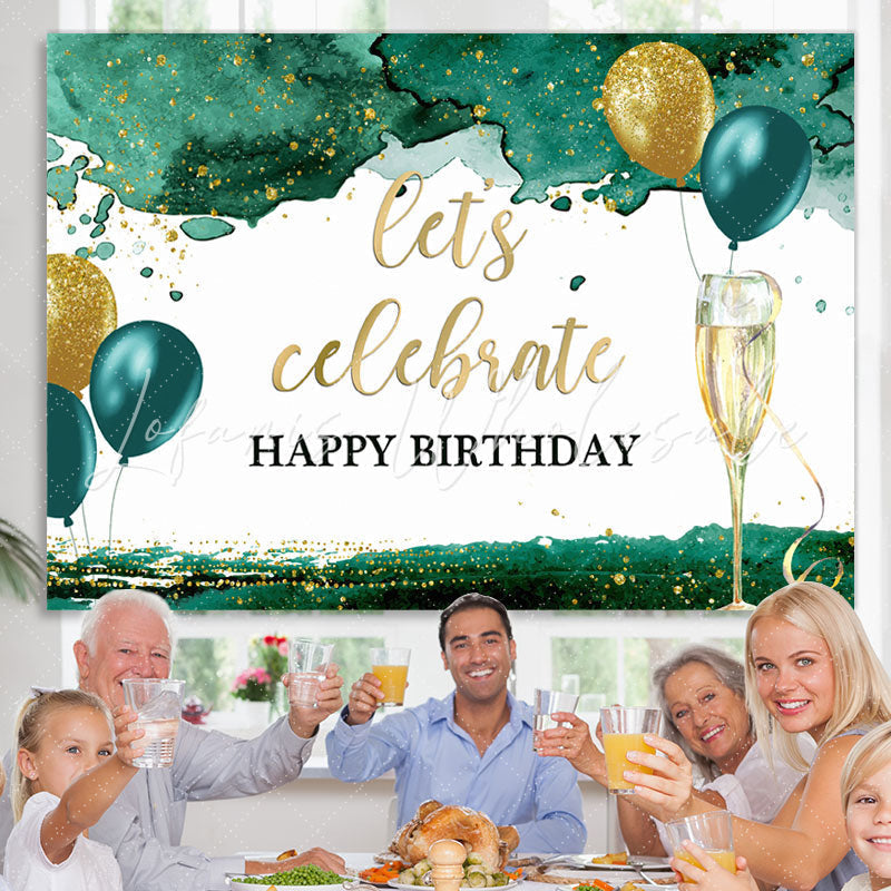 Lofaris Lets Celebrate Green and Gold Balloon Birthday Backdrop