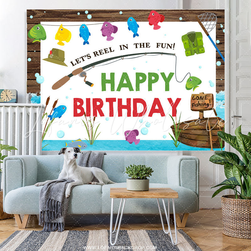 Lofaris Lets Reel In The Fun Fish Theme Happy Birthday Backdrop