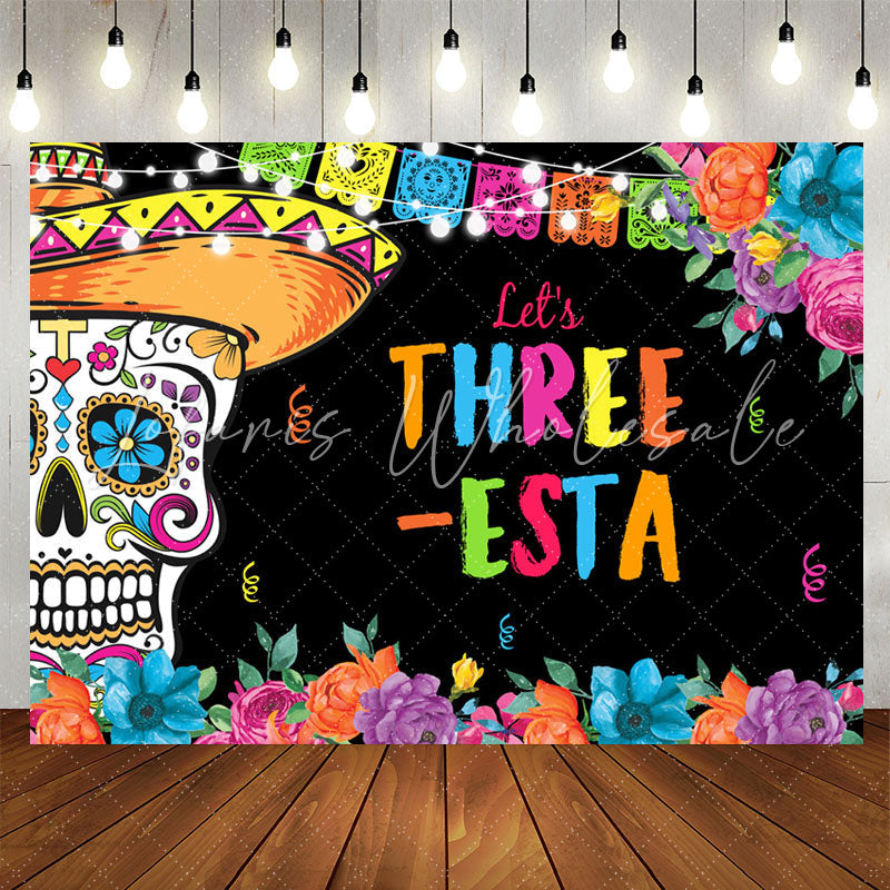 Lofaris Lets Three Floral Fiesta Kids 3rd Birthday Backdrop