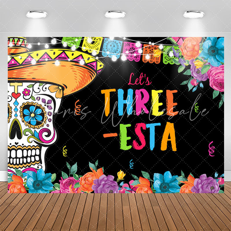 Lofaris Lets Three Floral Fiesta Kids 3rd Birthday Backdrop