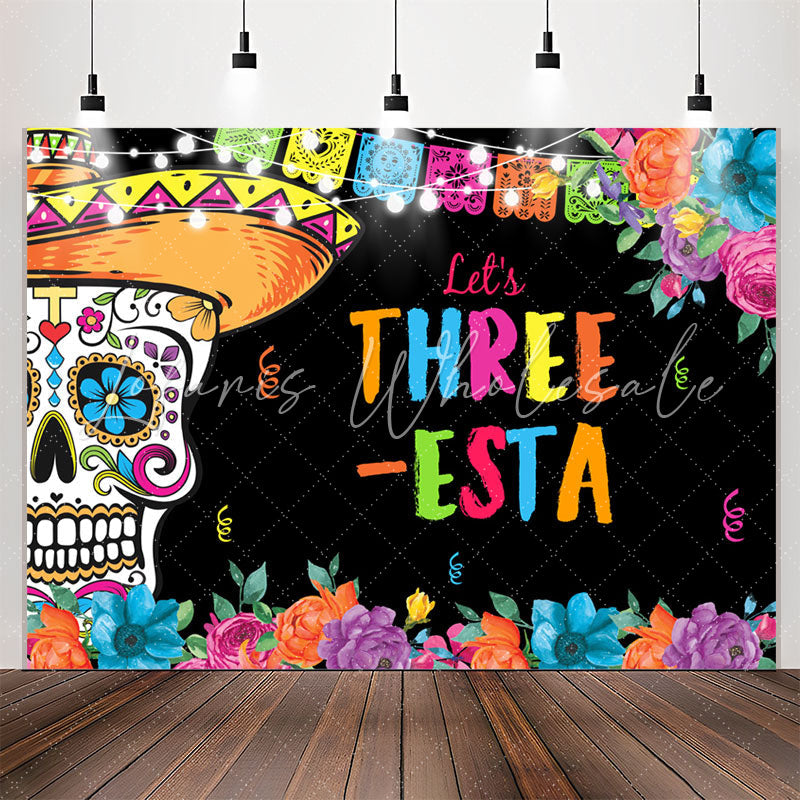 Lofaris Lets Three Floral Fiesta Kids 3rd Birthday Backdrop