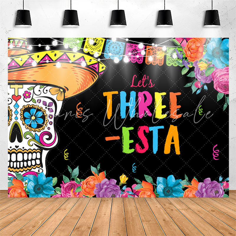 Lofaris Lets Three Floral Fiesta Kids 3rd Birthday Backdrop