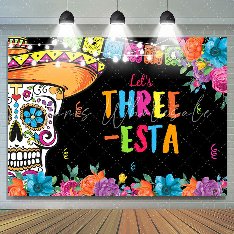 Lofaris Lets Three Floral Fiesta Kids 3rd Birthday Backdrop