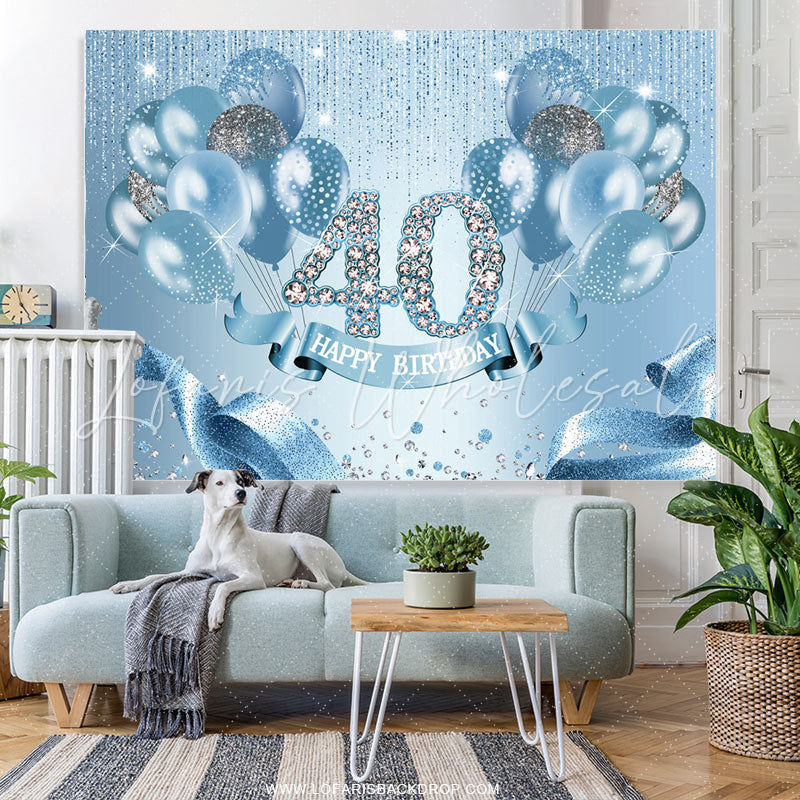 Lofaris Light Blue Balloon Ribbion Happy 40Th Birthday Backdrop