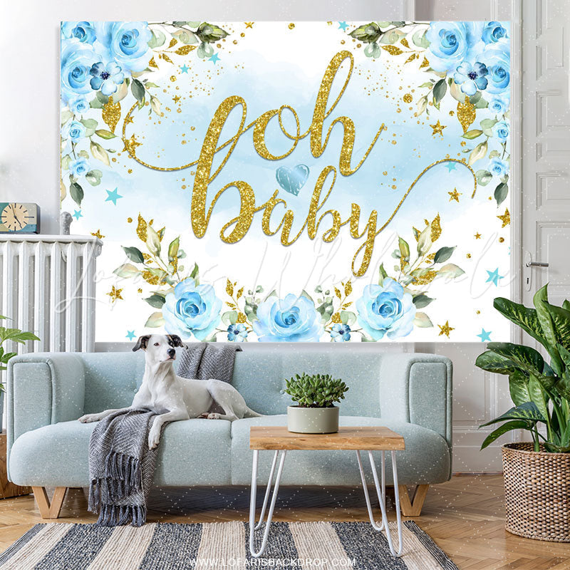 Lofaris Light Blue Flowers And Glitter Baby Shower Backdrop