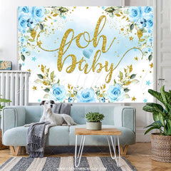 Lofaris Light Blue Flowers And Glitter Baby Shower Backdrop
