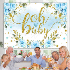 Lofaris Light Blue Flowers And Glitter Baby Shower Backdrop