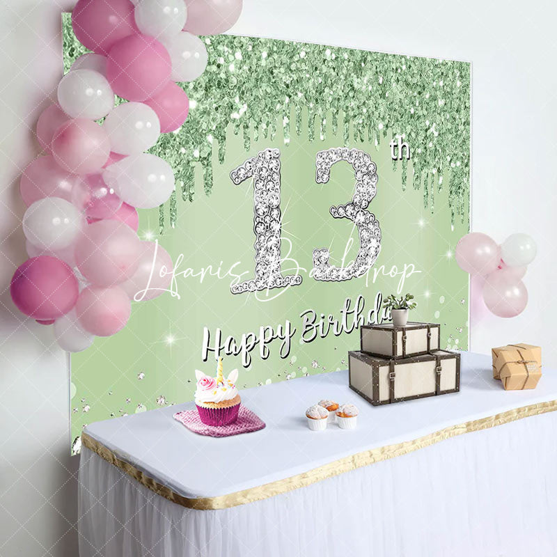 Lofaris Light Green Glitter Diamonds 13th Birthday Backdrop