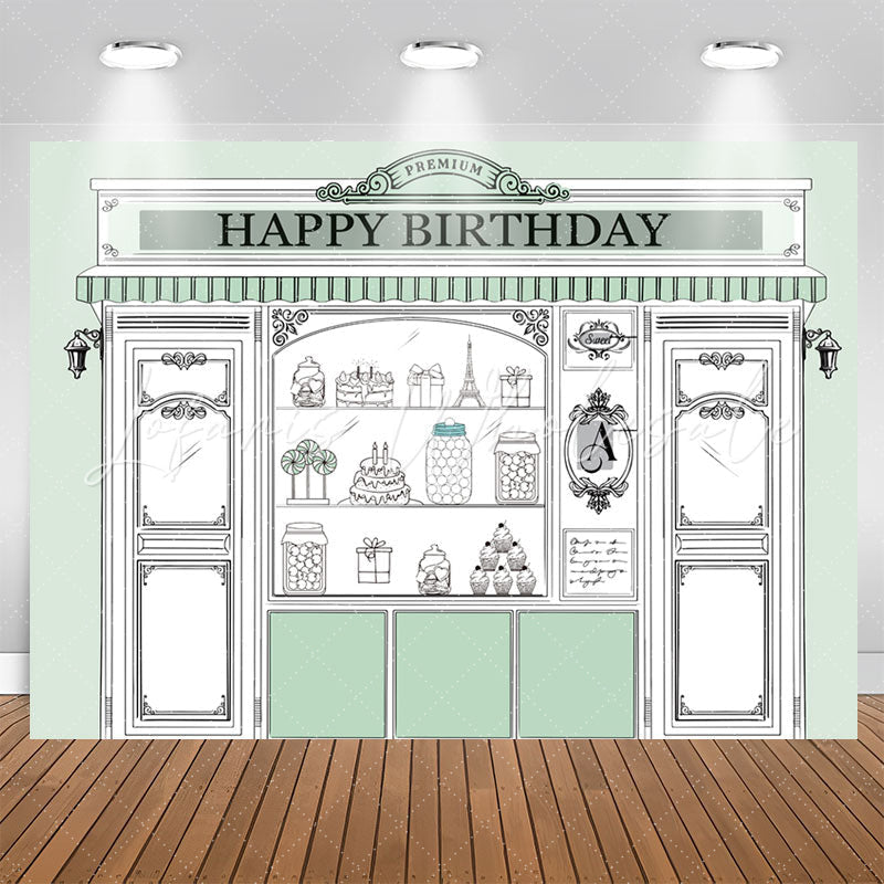 Lofaris Light Green Store Shopwindow Happy Birthday Backdrop