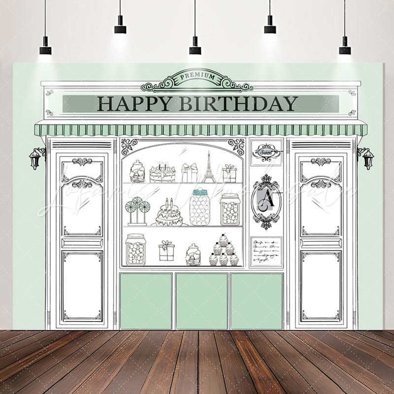 Lofaris Light Green Store Shopwindow Happy Birthday Backdrop
