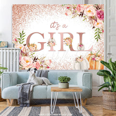 Lofaris Light Pink Floral And Pumpkin Glitter Baby Shower Backdrop