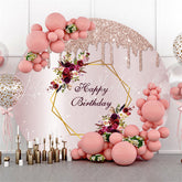 Lofaris Light Pink Glitter Round Floral Happy Birthday Backdrop