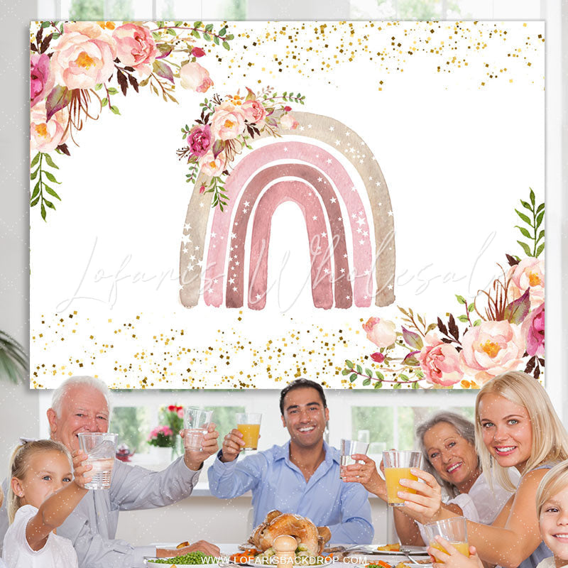 Lofaris Light Pink Rainbow And Floral Glitter Birthday Backdrop