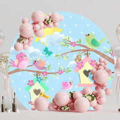 Little Birds Blue Background Round Backdrop for Peaceful Vibe
