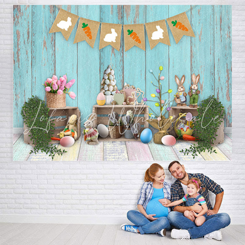 Lofaris Little Bunny And Carrot Blue Wooden Backdrop For Boy