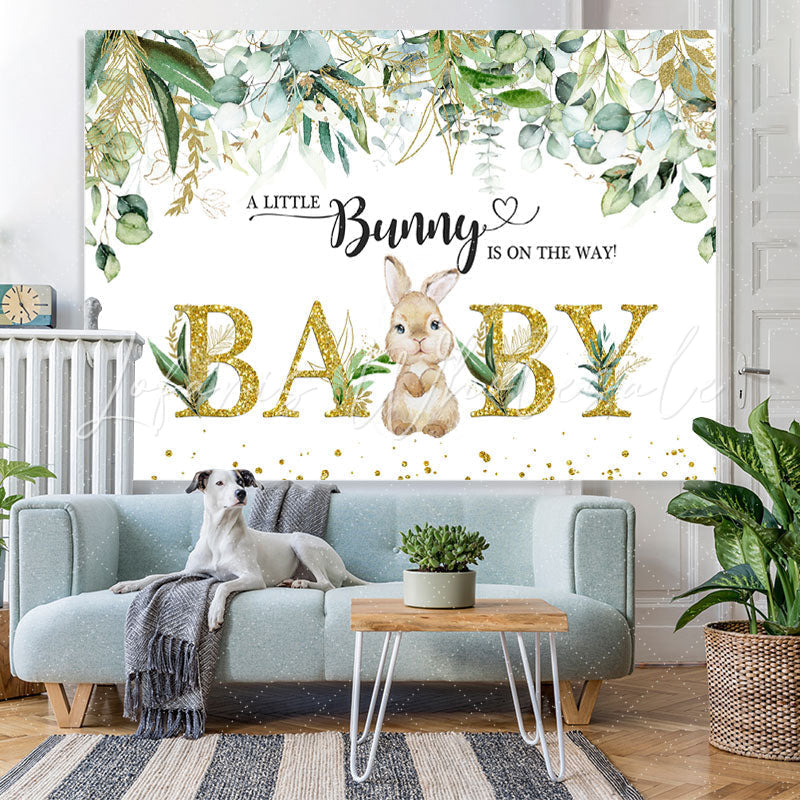 Lofaris Little Bunny And Green Leaves Gold Baby Shower Backdrop