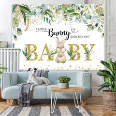 Lofaris Little Bunny And Green Leaves Gold Baby Shower Backdrop