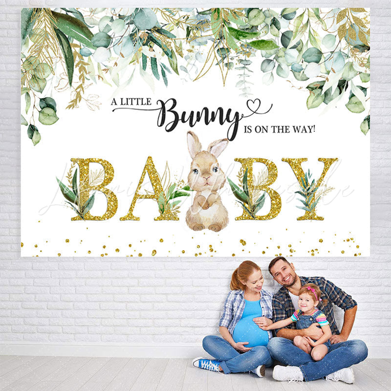 Lofaris Little Bunny And Green Leaves Gold Baby Shower Backdrop