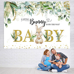 Lofaris Little Bunny And Green Leaves Gold Baby Shower Backdrop