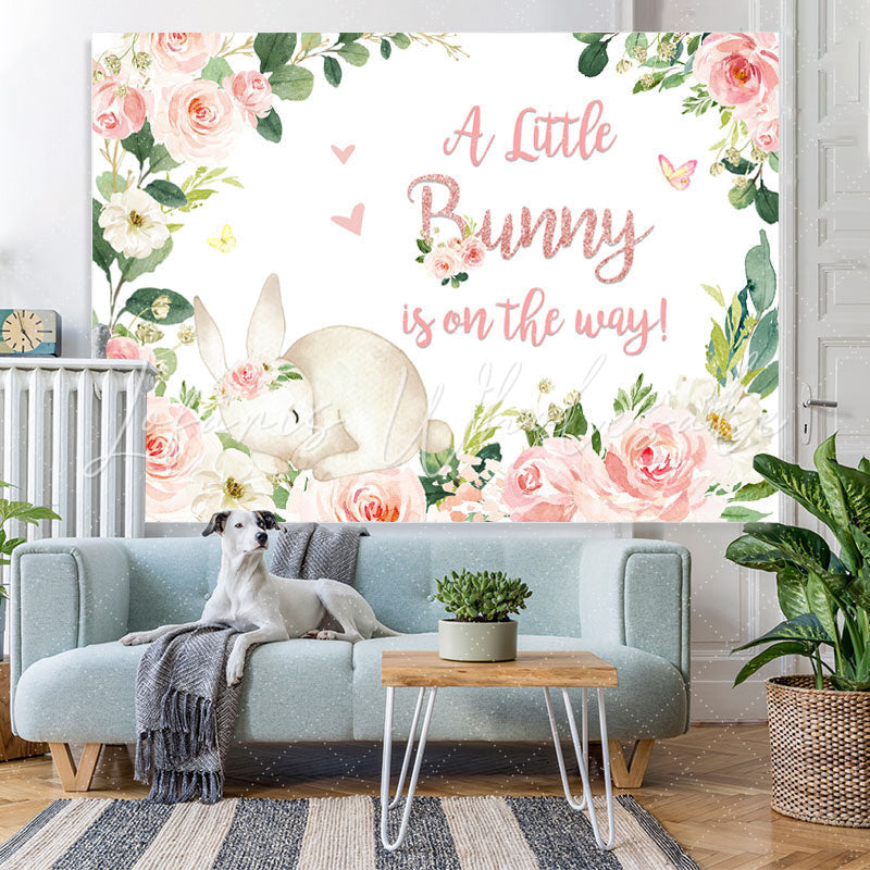 Lofaris Little Bunny Is On The Way Floral Baby Shower Backdrop