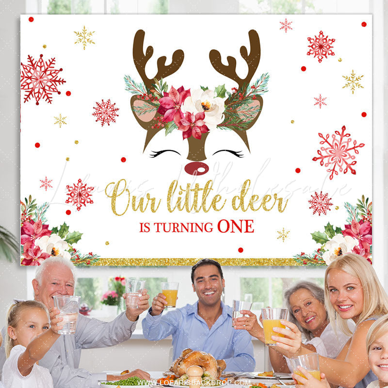 Lofaris Little Deer Is Turning One Snowflake Birthday Backdrop