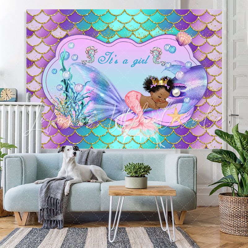 Lofaris Little Mermaid Purple Glitter Girl Baby Shower Backdrop