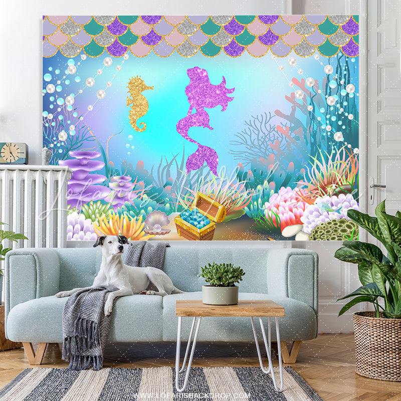 Lofaris Little Mermaid Purple Glitter Undersea World Backdrop