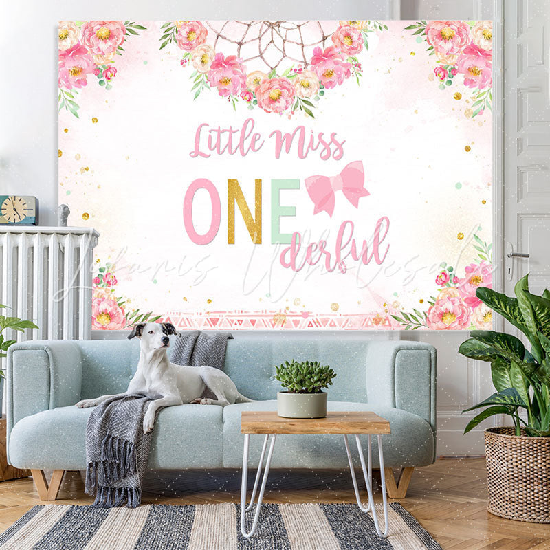 Lofaris Little Miss Onederful Pink Folral Birthday Backdrop