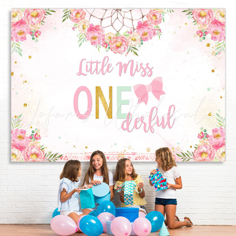Lofaris Little Miss Onederful Pink Folral Birthday Backdrop