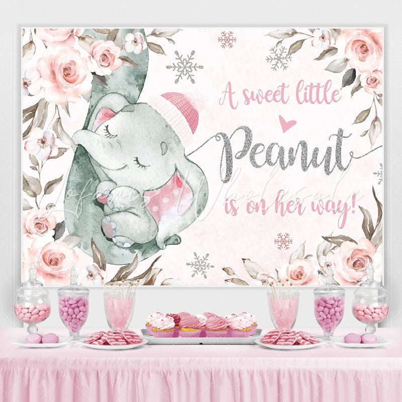 Lofaris Little Sweet Elephant Pink Floral Baby Shower Backdrop