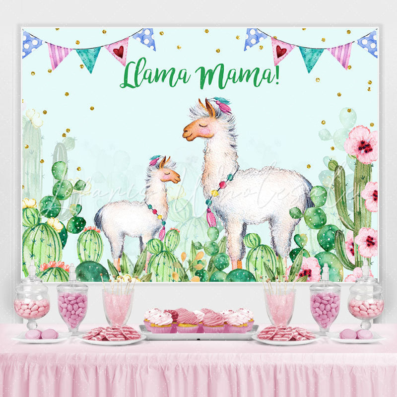 Lofaris Llama Mama Green Cactus Gold Dots Theme Party Backdrop