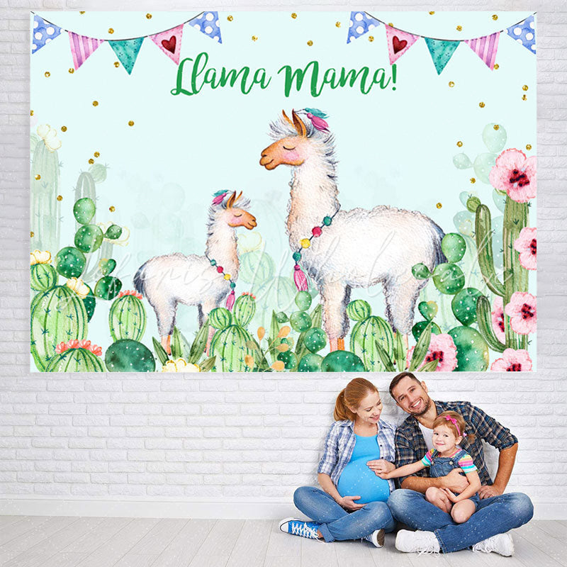 Lofaris Llama Mama Green Cactus Gold Dots Theme Party Backdrop