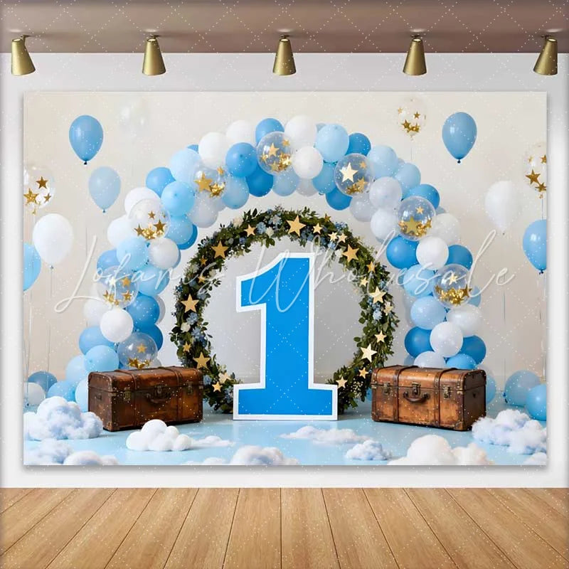 Lofaris 1st Birthday Cake Smash Backdrop Blue Balloon Arch with Floral Wreath and Large Blue Number 1