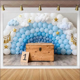 Lofaris 1st Birthday Photography Backdrop Blue and White Balloon Wall with Stars and Clouds for Cake Smash