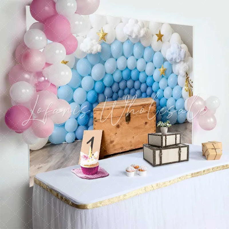 Lofaris 1st Birthday Photography Backdrop Blue and White Balloon Wall with Stars and Clouds for Cake Smash