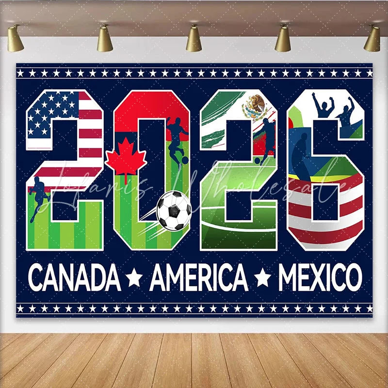 Lofaris 2026 Soccer Event Backdrop with USA Canada Mexico Flags Sports Theme Background for Fan Party Decoration