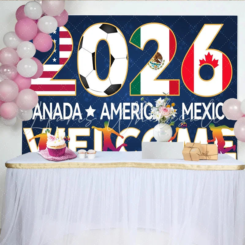 Lofaris 2026 Soccer Photography Backdrop with USA Mexico and Canada Flags Welcome Event Background for Sports Fans.