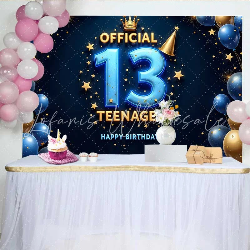 Lofaris 3D Blue and Gold 13th Birthday Backdrop Official Teenager 13 Royal Milestone Party Decoration
