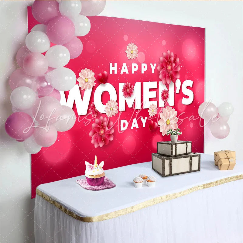 Lofaris 3D Happy Womens Day Backdrop Bright Pink Bokeh and Flowers International Womens Day Banner