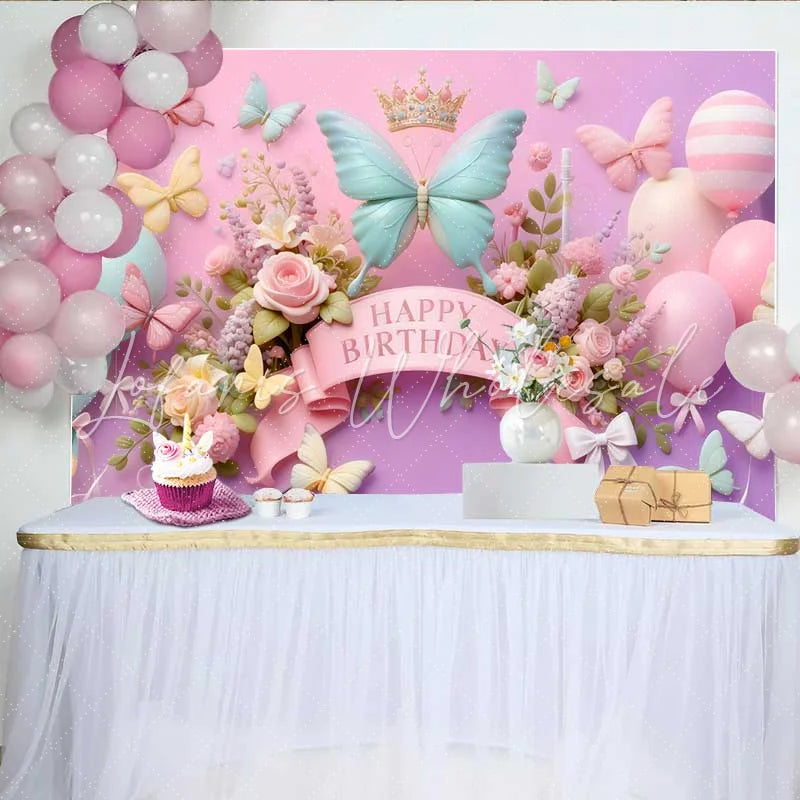Lofaris 3D Mint and Pink Butterfly Birthday Backdrop Striped Balloon Floral Background Girl Sweet Bday Banner