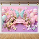 Lofaris 3D Mint and Pink Butterfly Birthday Backdrop Striped Balloon Floral Background Girl Sweet Bday Banner
