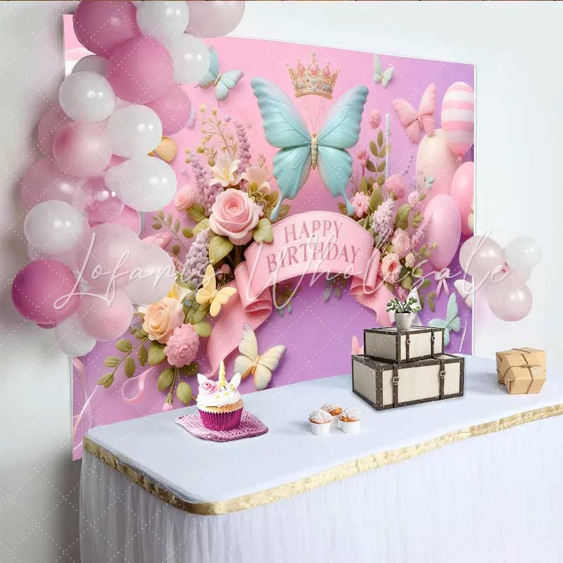 Lofaris 3D Mint and Pink Butterfly Birthday Backdrop Striped Balloon Floral Background Girl Sweet Bday Banner