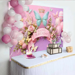 Lofaris 3D Mint and Pink Butterfly Birthday Backdrop Striped Balloon Floral Background Girl Sweet Bday Banner