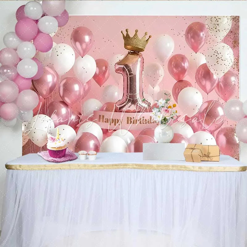 Lofaris 3D Pink and White Balloons 1st Birthday Backdrop Gold Crown and Number 1 Party Decoration