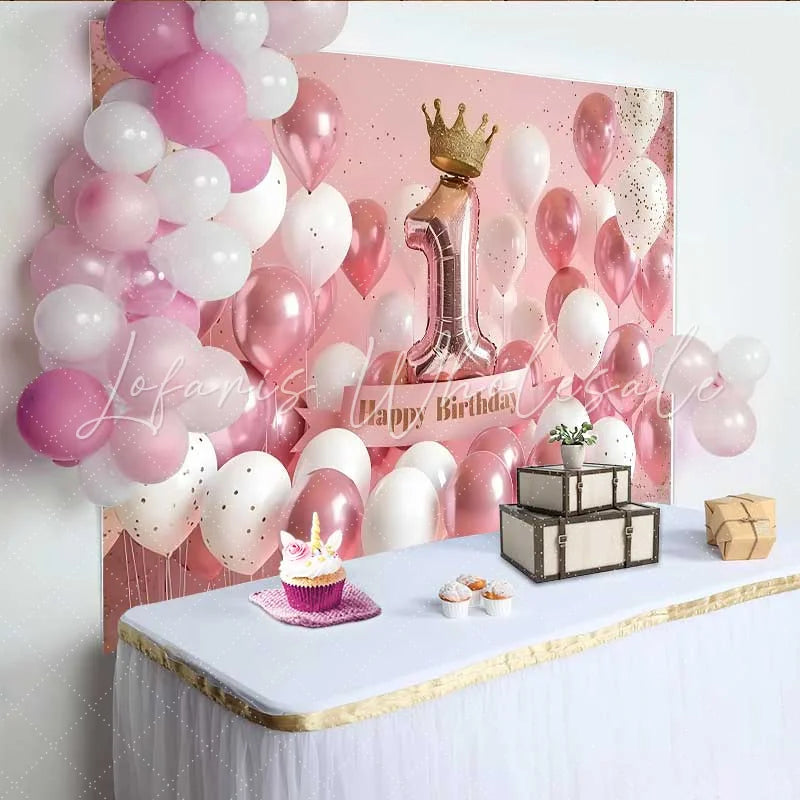 Lofaris 3D Pink and White Balloons 1st Birthday Backdrop Gold Crown and Number 1 Party Decoration