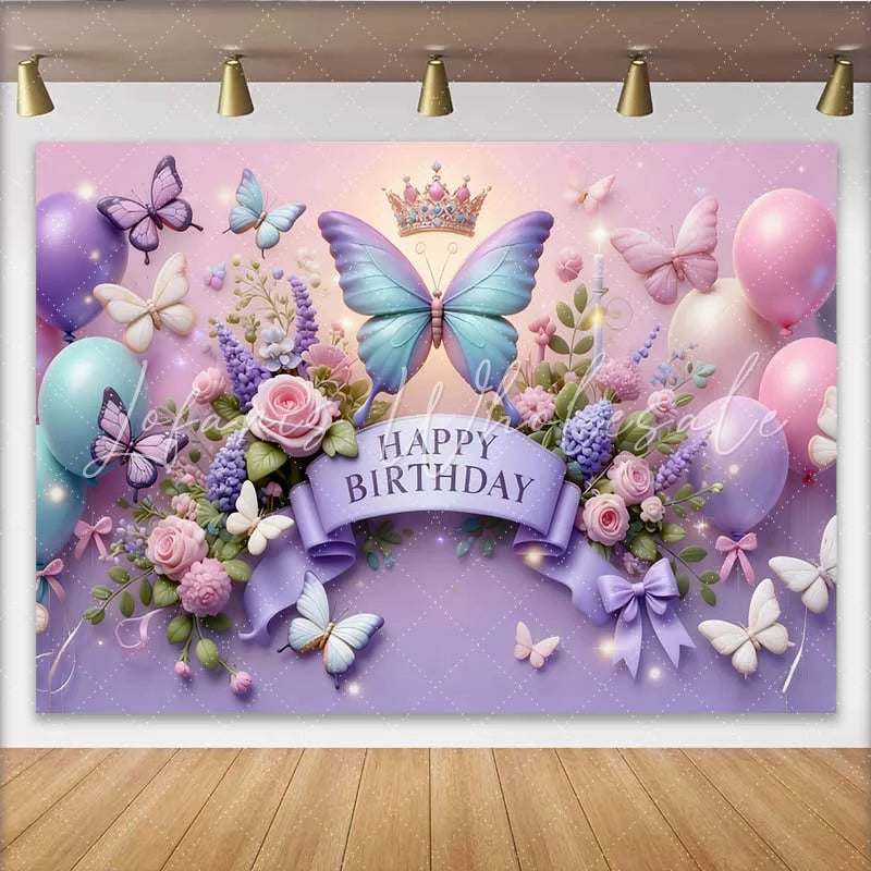 Lofaris 3D Purple and Blue Butterfly Birthday Backdrop Crown Floral Balloon Background Girl Princess Party Prop