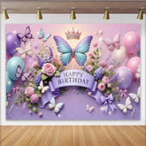 Lofaris 3D Purple and Blue Butterfly Birthday Backdrop Crown Floral Balloon Background Girl Princess Party Prop